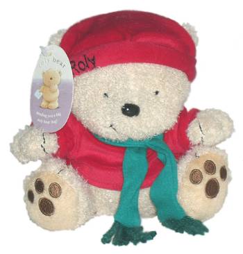 Медвежонок Роли в красном свитере и шапочке,в зеленом шарфе, размер 15 см.