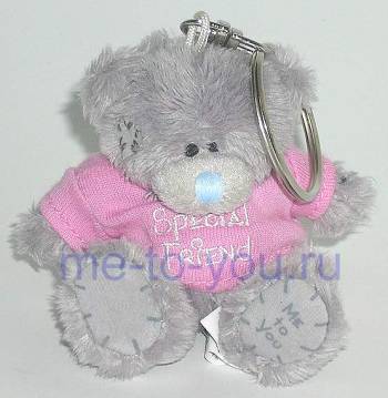 Плюшевый брелок для ключей длинношерстный мишка Тедди в розовой футболке "Особый друг", размер 7,5 см.