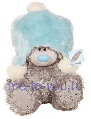 Длинношерстный мишка Тедди Me to you в голубой меховой шапочке, размер 25 см.