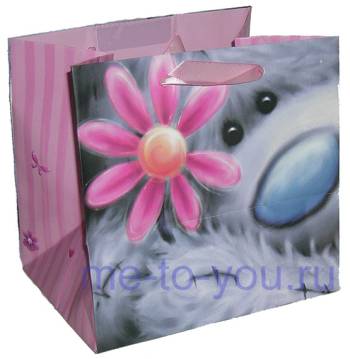 Подарочный пакет  "Мишка с цветочком", акварель, малый, размер 15х15 см, глубина дна 11,5 см.