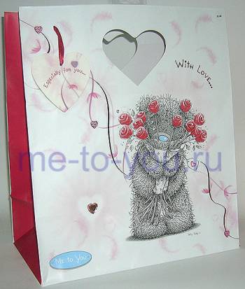 Подарочный пакет Me to you "Мишка с розами", большой, размер 375 x 324 x 182 мм.