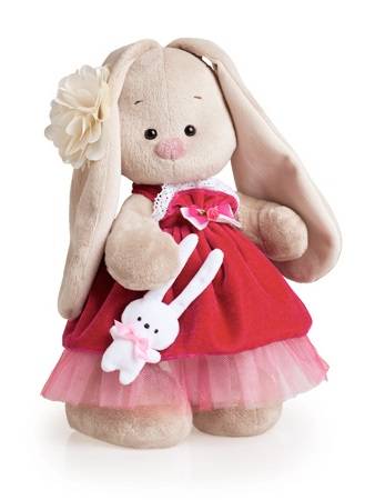 Плюшевый зайка "Зайка Ми" в малиновом платье, с бархатным зайкой, стоящий, размер 31 см*.
