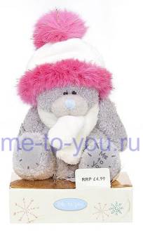 Мишка в белой шапочке, с пушистым розовым помпоном, и в шарфике, размер 7,5 см.
