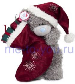 Мишка в новогоднем колпачке с носком для подарков, стоящий, размер 23 см.
