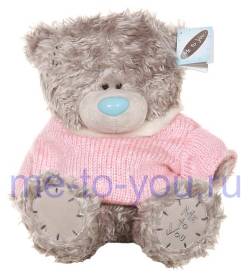 Длинношерстный мишка Тедди Me to you в розовом вязаном свитере с меховым воротничком, размер 25 см.