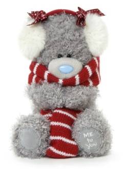 Медвежонок Тедди с новой шерсткой в полосатом шарфике и наушниках, размер 18 см.
