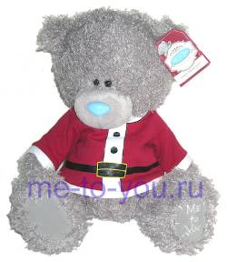 Медвежонок Тедди с новой шерсткой в курточке Санта Клауса, размер 25 см.