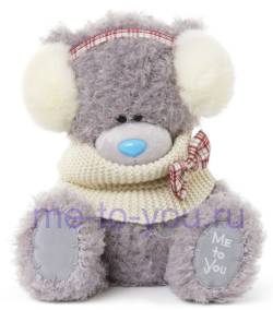 Медвежонок Тедди с новой шерсткой в в меховых наушниках и шарфике, размер 25 см.