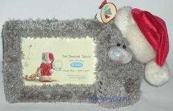 Медвежонок в колпаке Санта Клауса с плюшевой фоторамкой, размер мишки 15 см.
