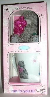Подарочный набор Me to you "Мишка с розовым цветочком", мишка 10 см и чашка, объем 230 мл.