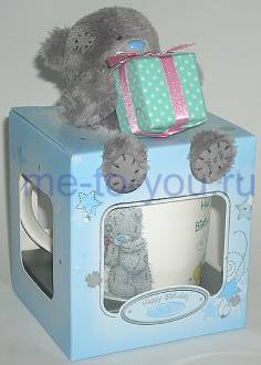 Подарочный набор с длинношерстным мишкой "С днем рождения" (мишка и чашка).