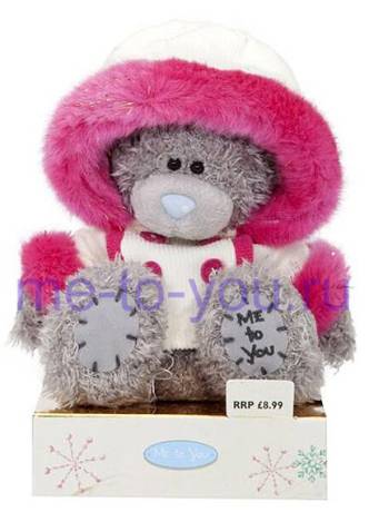 Медвежонок в бежевом вельветовом пальтишке с капюшоном, с розовой меховой оторочкой, размер 15 см