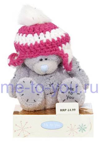 Мишка в вязаной бело-розовой шапочке, с пушистым помпоном, размер 7,5 см.
