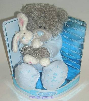 Мишка в коробочке в голубых ползунках с кроликом, размер 15 см.