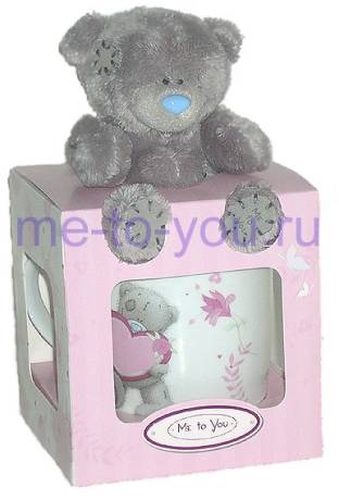 Подарочный набор Me to you с длинношерстным мишкой "Тедди с сердцем, украшенным розочкой"(мишка и чашка).