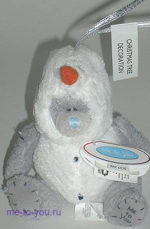 Елочная игрушка "Плюшевый мишка в костюме Снеговика", размер 7,5 см.
