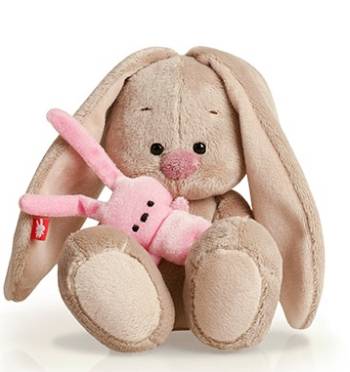 Плюшевый зайка "Зайка Ми" с розовым зайчиком, сидящий, размер 15 см*.