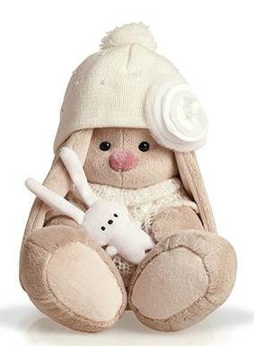 Плюшевый зайка "Зайка Ми" в вязаной шапочке, свитере, с маленьким зайчиком-игрушкой, сидящий, размер 18 см*.