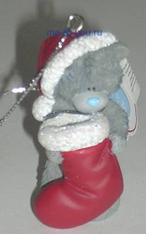 Елочная игрушка "Мишка с носком для подарков", размер 5 см.