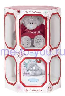 Подарочный набор "Мое первое рождество, моя первая копилка", размер мишки 10 см, фарфоровая копилка диаметром 10 см.