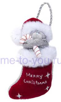Елочная игрушка "Плюшевый мишка в новогоднем носке для подарков", размер мишки 7,5 см