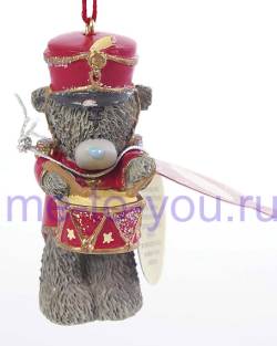 Елочная игрушка "Мишка в костюме барабанщика", размер 6 см.