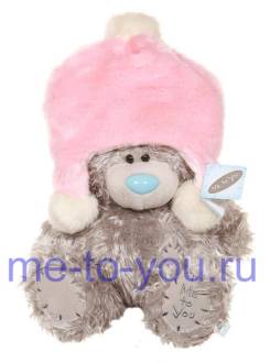 Длинношерстный мишка Тедди Me to you в розовой меховой шапочке, размер 25 см.