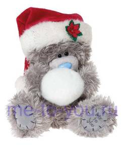 Длинношерстный мишка Me to you в шапке Санты, со снежком в лапках, размер 20 см.
