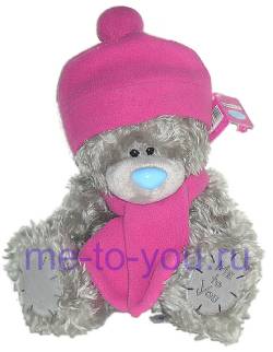 Длинношерстный мишка Me to you в розовых шапке и шарфике, размер 25 см.