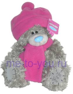 Длинношерстный мишка Me to you в розовой шапочке и шарфике, размер 20 см.