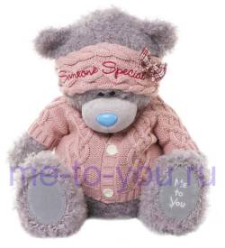 Медвежонок Тедди с новой шерсткой в вязаном свитере и повязке, размер 40 см.