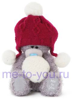 Медвежонок Тедди с новой шерсткой в вязаной шапочке со снежком в лапках, размер 18 см.