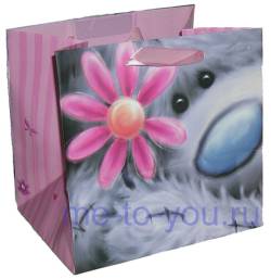 Подарочный пакет  "Мишка с цветочком", акварель, малый, размер 15х15 см, глубина дна 11,5 см.