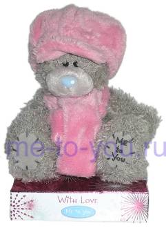 Мишка в розовой кепочке и шарфике, размер 15 см.