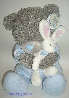 Мишка в голубых ползунках с кроликом, размер 30 см.