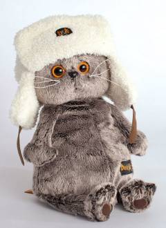 Плюшевый кот Басик в шапке-ушанке, размер 25 см.