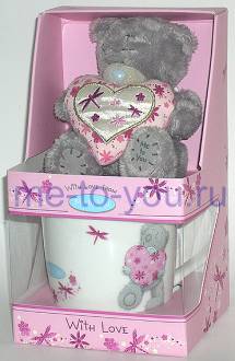 Подарочный набор "Мишка с розовым сердцем", размер мишки 10 см, объем чашки 270 мл.