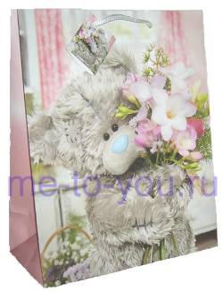 Пакет подарочный Me to you "Мишка Тедди с лилиями", большой, фотофиниш, размер 26х32,4х12,7 см.