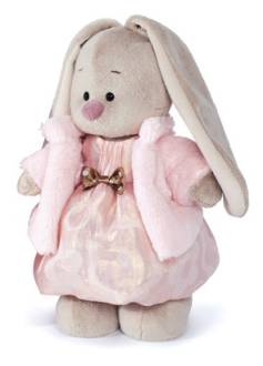 Плюшевый зайка "Зайка Ми" в розовом платье и меховой шубке, стоящий, размер 31 см*.