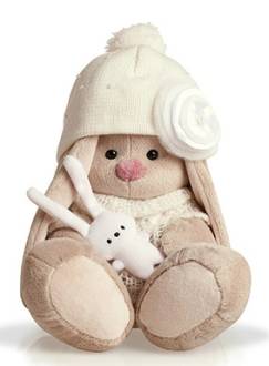 Плюшевый зайка "Зайка Ми" в вязаной шапочке, свитере, с маленьким зайчиком-игрушкой, сидящий, размер 18 см*.